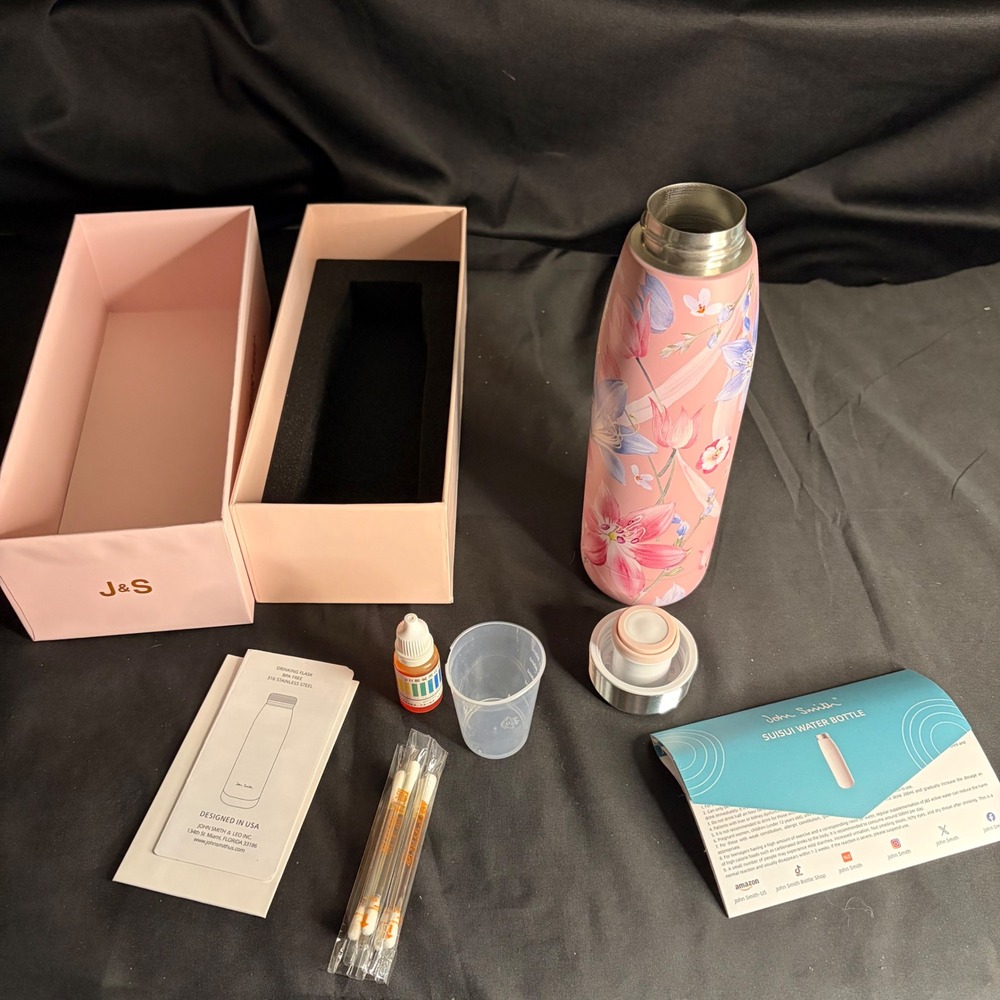 John Smith Suisui Hydrogen Water Bottle Pink Floral Stainless Steel New in Box